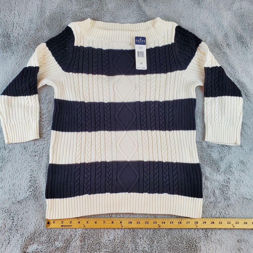 Chaps Cable Knit Sweater Women 1X Striped 3/4 Sleeve Boat Neck Navy Cream